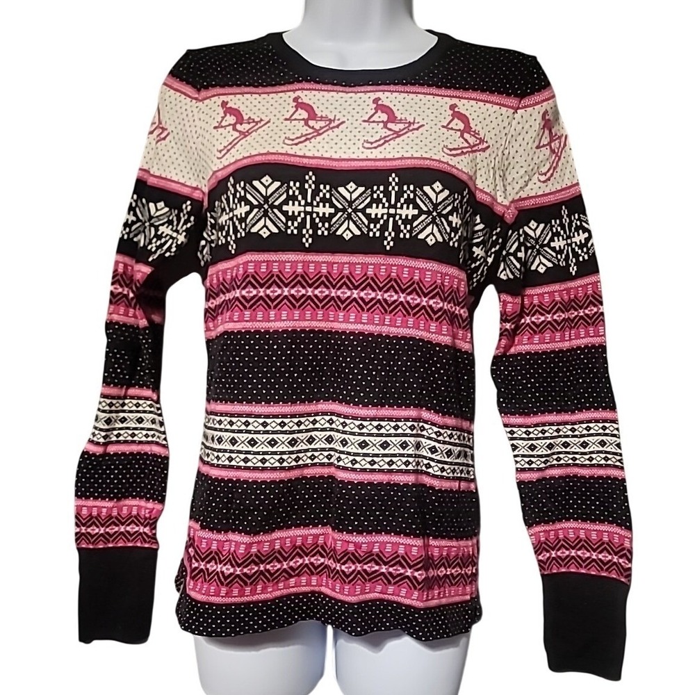 G.H. Bass & Co Womens Medium Pink Black Skier Fair Isle Cotton Thermal Top‎ M